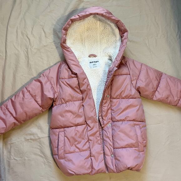 Old Navy Water Resistant Pink Hooded Puffer Coat with Sherpa Lining Size Small - Picture 1 of 8